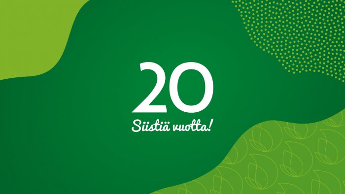 Vihreätä pintaa ja erisävyisiä vihreitä muotoja. Keskellä teksti 20 siistiä vuotta.