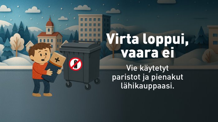 Piirroskuva, jossa ihminen on jäteastian edessä suuri paristo sylissään. Kuvassa lukee: 
